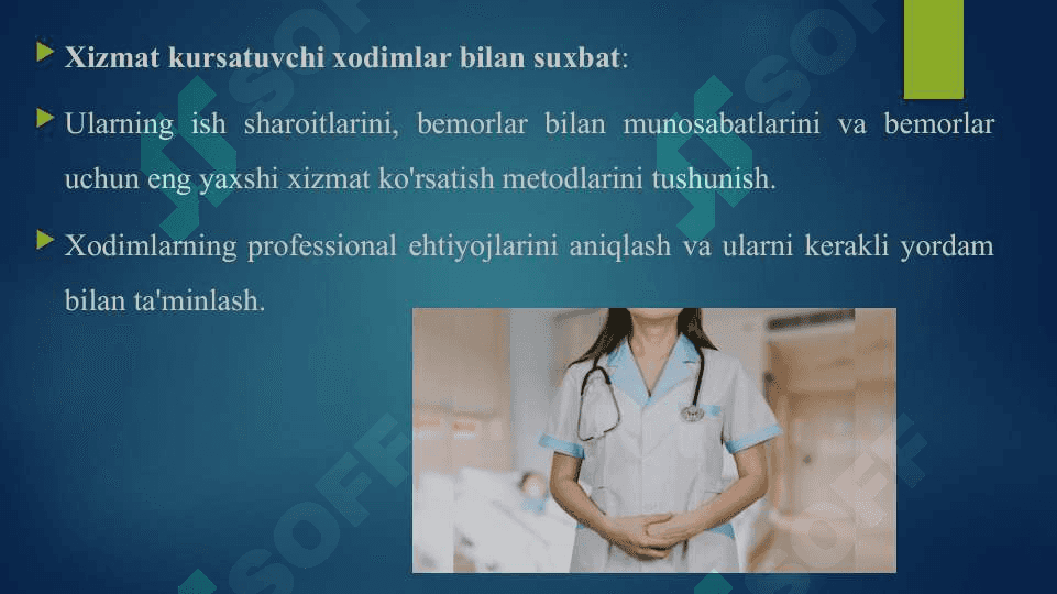 Bemorlar va xizmat ko'rsatuvchi xodimlar Bilan suxbatlar o'tkazish. Uyga tashrif buyurganda xamshiralik jarayonini qo'llash 4