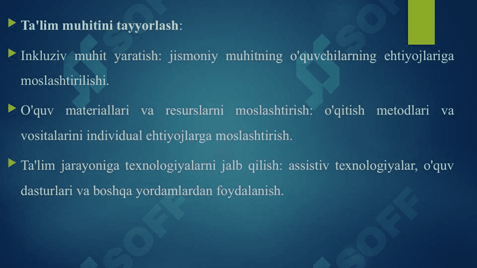 INKLUZIV TA'LIMDA IMKONIYATI CHEKLANGAN O'QUVCHILARNING AKADEMIK-IJTIMOIY FAOLIYATINI TASHKIL ETISHNING BOSQICHLARI (KOMPONENTLARI) 4