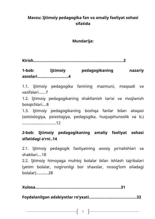 Ijtimoiy pedagogika fan va amaliy faoliyat sohasi sifatida