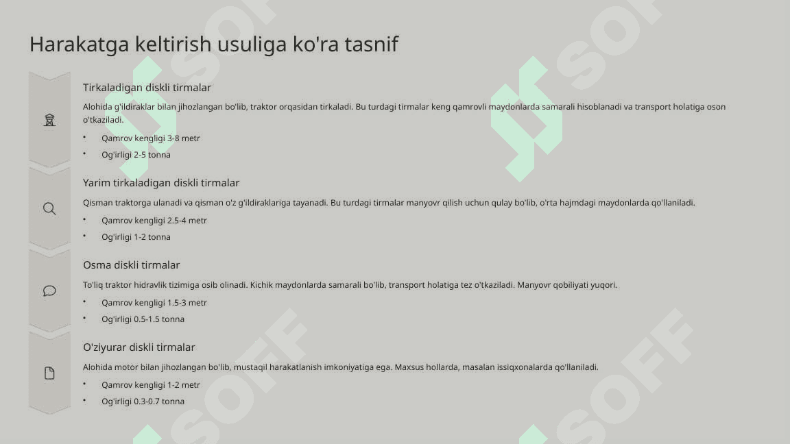 Diskli tirmalarning tasniflanishi va konstruksiyasining asosiy elementlari. 8