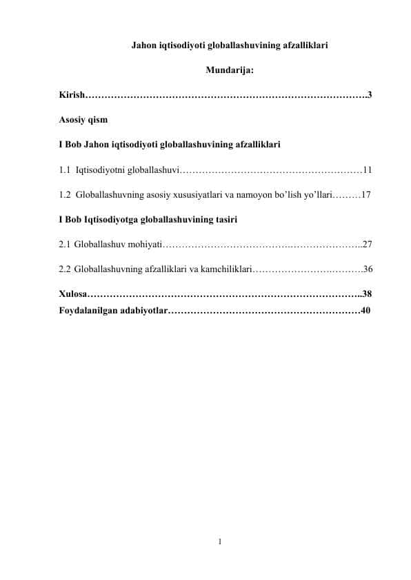Jahon iqtisodiyoti globallashuvining afzalliklari