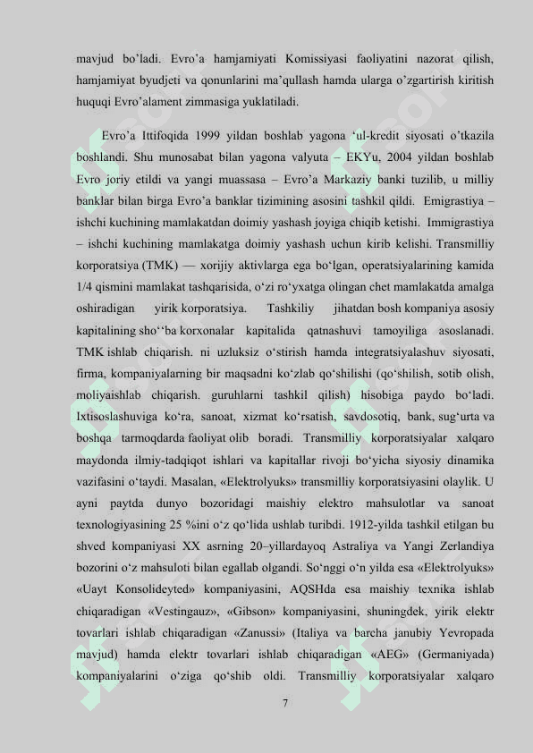 Jahon xo'jaligi aloqalarini xalqaro tartibga solinishi va ularda transmilliy korparatsiyalarning o'rni 7