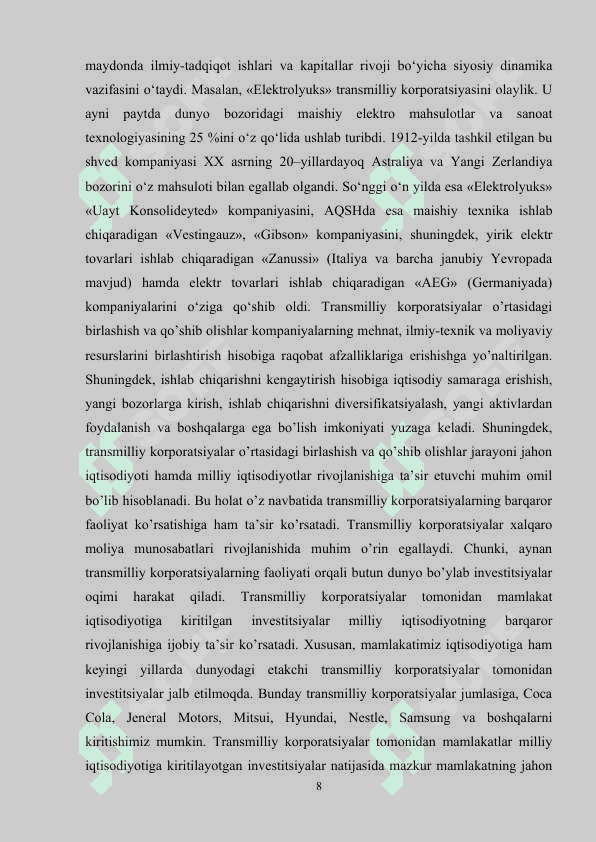 Jahon xo'jaligi aloqalarini xalqaro tartibga solinishi va ularda transmilliy korparatsiyalarning o'rni 8