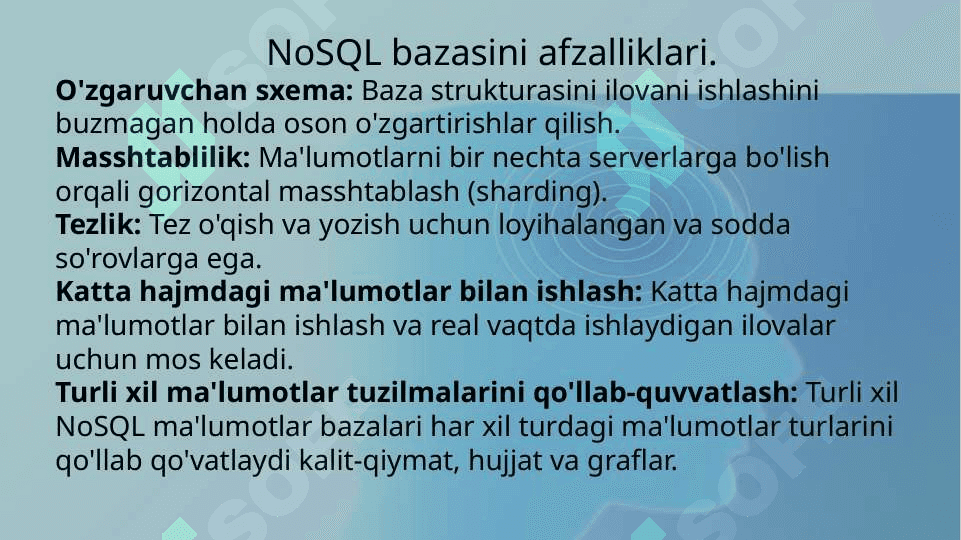 NoSql ma’lumotlar bazasi MongoDB va Cassndra. 3