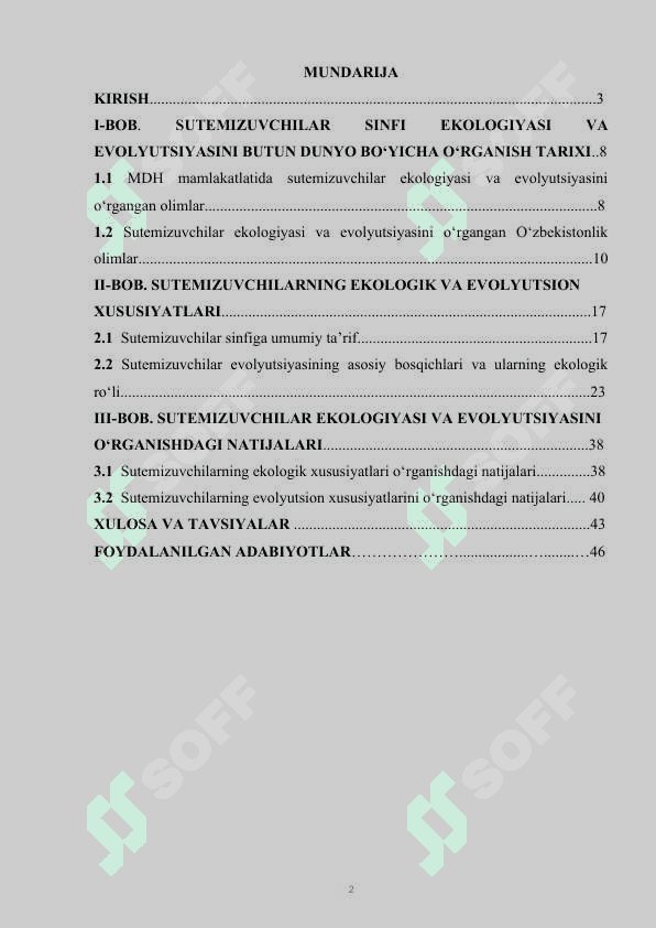 SUTEMIZUVCHILAR EKOLOGIYASI VA EVOLYUTSIYASI.KURS ISHI 2