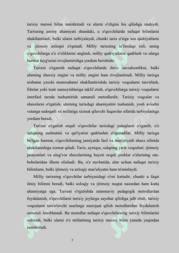 Oʻquvchilarni oʻz milliy tarixiga va madanyatiga munosabatlarini rivojlantirish     kurs ishi 7