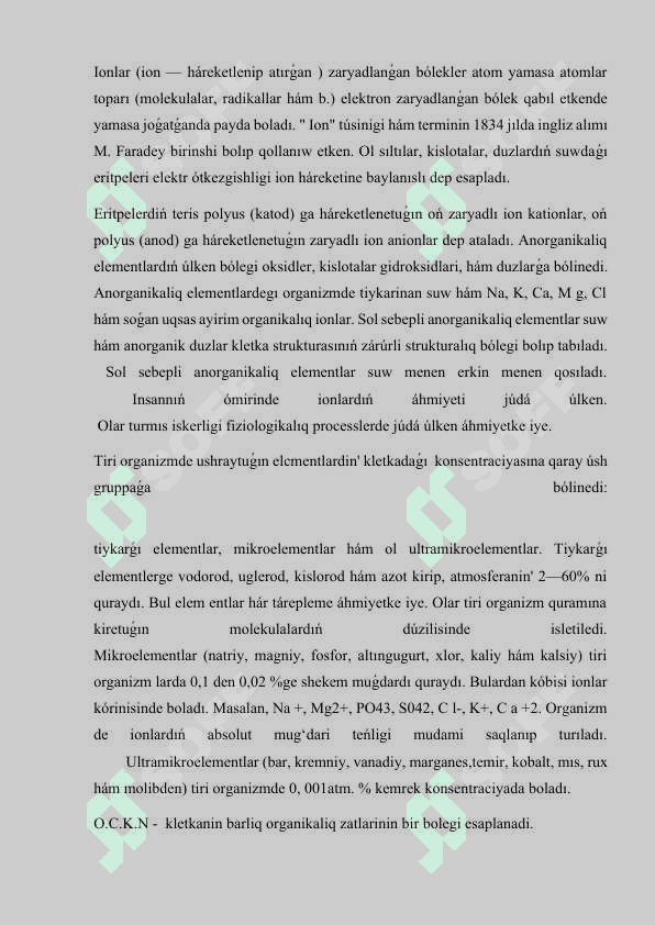 Tema:Anorganikaliq ionlar ha'm  olardin' funktsiyasi. 2