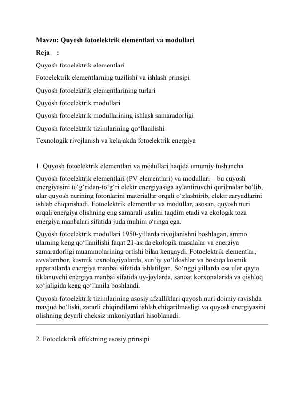 Quyosh fotoelektrik elementlari va modullari 1