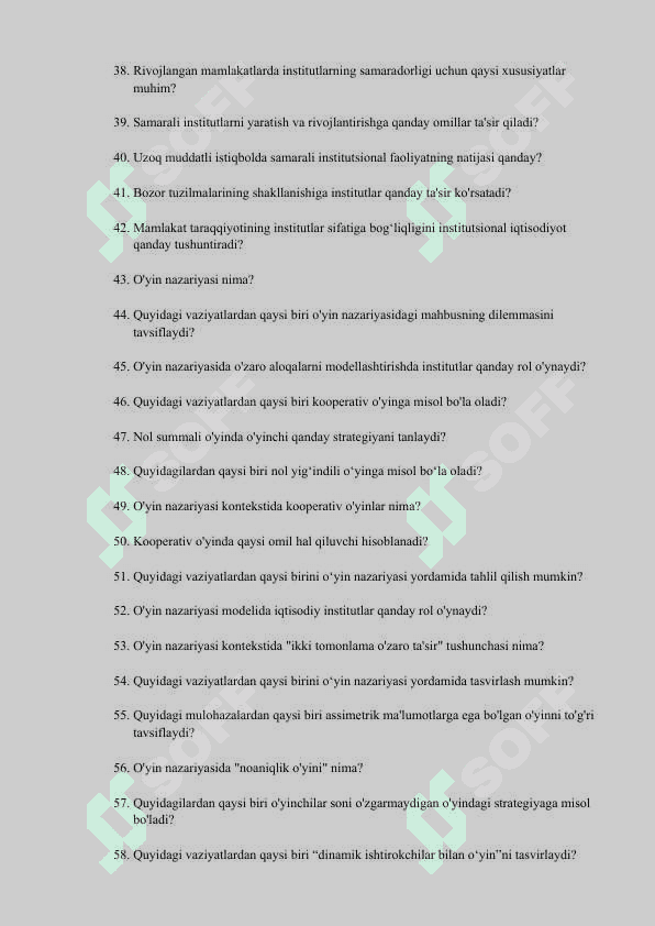 Institutsional iqtisodiyot fanidan yakuniy nazorat savollar 3