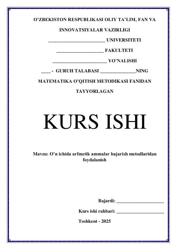 O'n ichida arfmetik amallar bajarish metodlaridan foydalanish