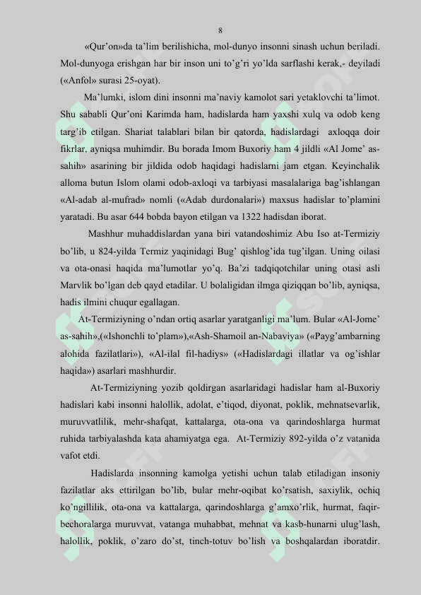O'QUVCHILARNING MA'NAVIY-AXLOQIY FAZILATLARINI SHAKLLLANTIRISH 8