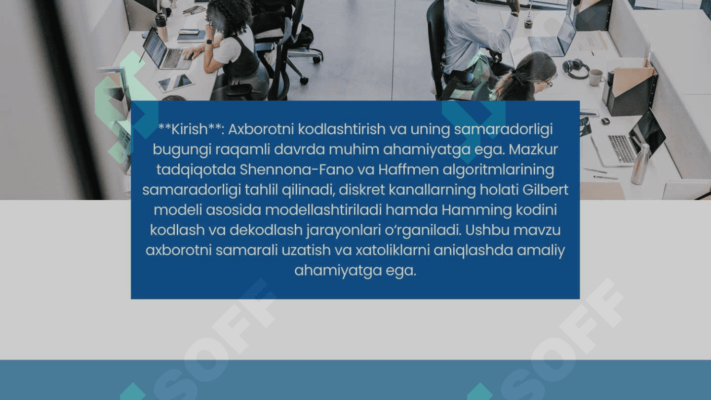 Axborotni kodlashtirishning samarali usullarini tadqiq qilish (shennona-fano va xaffmen algoritmlari) Diskret kanallar holatini gilbert modeli asosida modellashtirish Xemming kodini kodlash va dekodlash jarayonini modellashtirish va natijalarini tahlil qilish 3