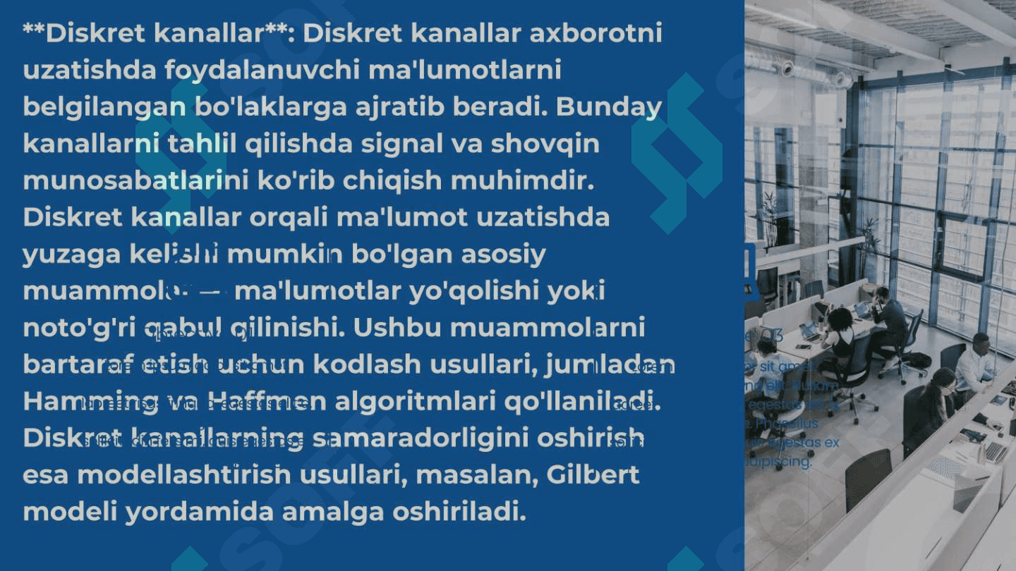 Axborotni kodlashtirishning samarali usullarini tadqiq qilish (shennona-fano va xaffmen algoritmlari) Diskret kanallar holatini gilbert modeli asosida modellashtirish Xemming kodini kodlash va dekodlash jarayonini modellashtirish va natijalarini tahlil qilish 7