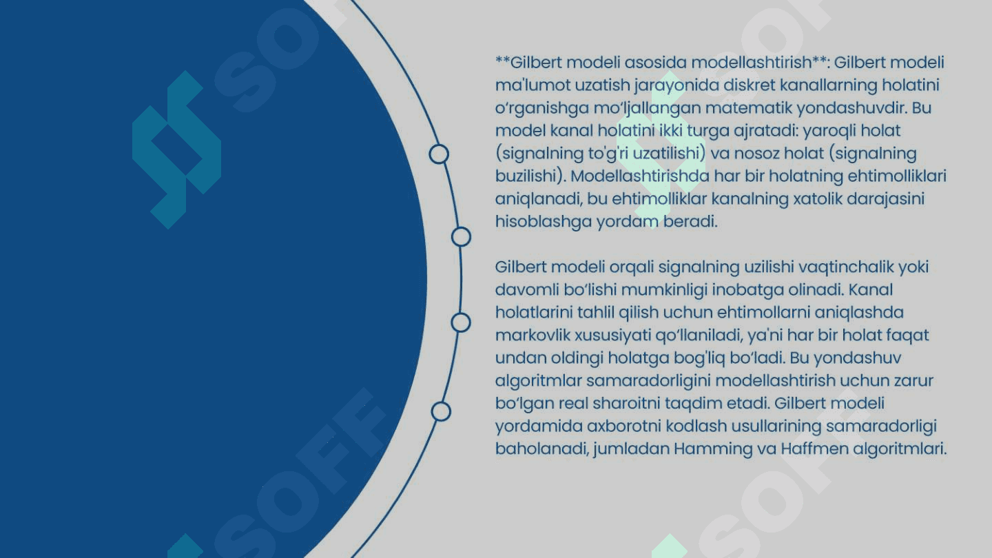 Axborotni kodlashtirishning samarali usullarini tadqiq qilish (shennona-fano va xaffmen algoritmlari) Diskret kanallar holatini gilbert modeli asosida modellashtirish Xemming kodini kodlash va dekodlash jarayonini modellashtirish va natijalarini tahlil qilish 8