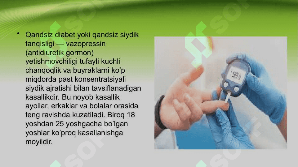QANDSIZ DIABET KASALLIGI HAQIDA UMUMIY MA’LUMOT. TASNIFI ,ETIOLOGIYASI, PATOGENEZI ,DAVOLASH 2
