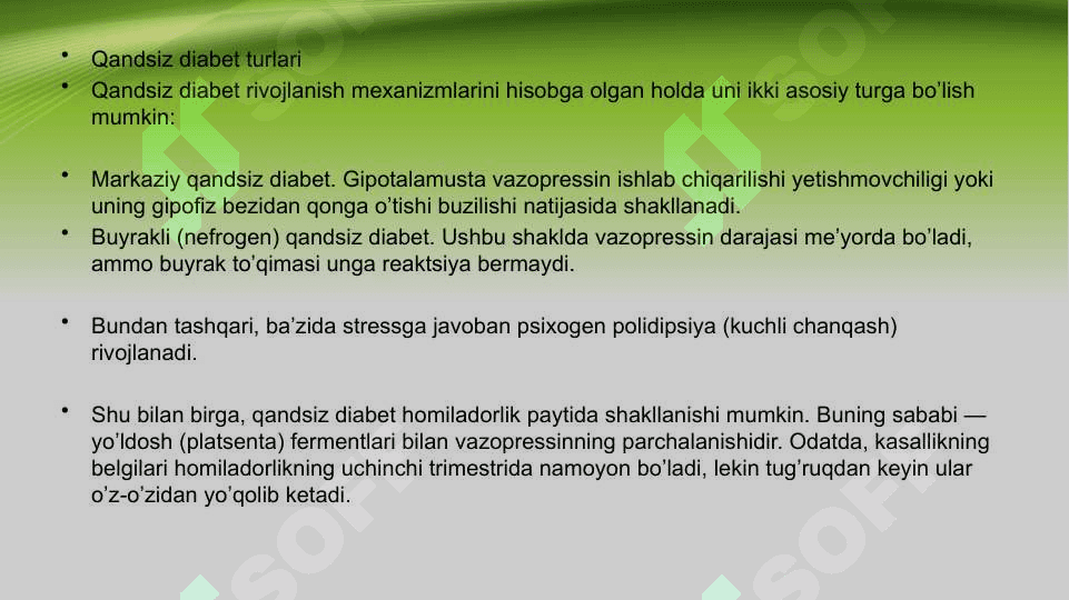 QANDSIZ DIABET KASALLIGI HAQIDA UMUMIY MA’LUMOT. TASNIFI ,ETIOLOGIYASI, PATOGENEZI ,DAVOLASH 5