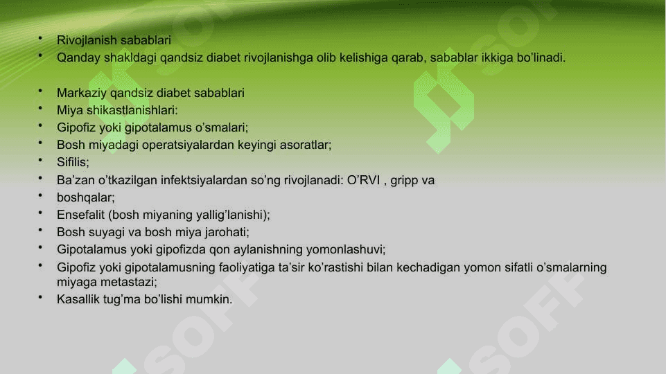 QANDSIZ DIABET KASALLIGI HAQIDA UMUMIY MA’LUMOT. TASNIFI ,ETIOLOGIYASI, PATOGENEZI ,DAVOLASH 6