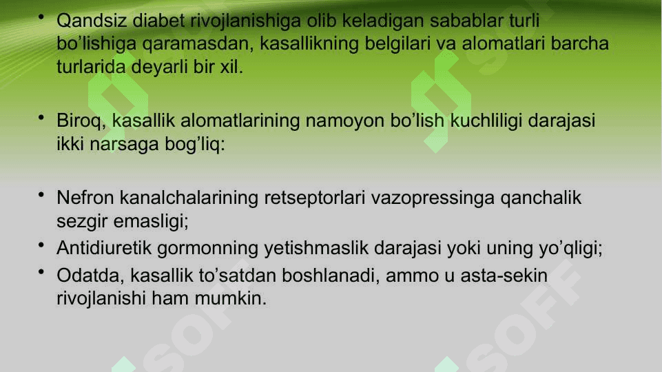 QANDSIZ DIABET KASALLIGI HAQIDA UMUMIY MA’LUMOT. TASNIFI ,ETIOLOGIYASI, PATOGENEZI ,DAVOLASH 8