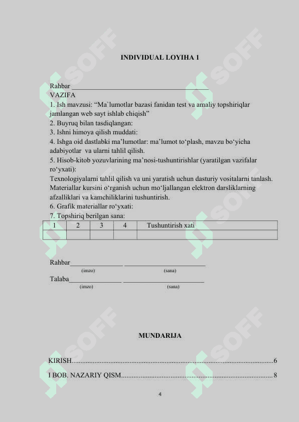 Ma`lumotlar bazasi fanidan test va amaliy topshiriqlar jamlangan web sayt ishlab chiqish 4