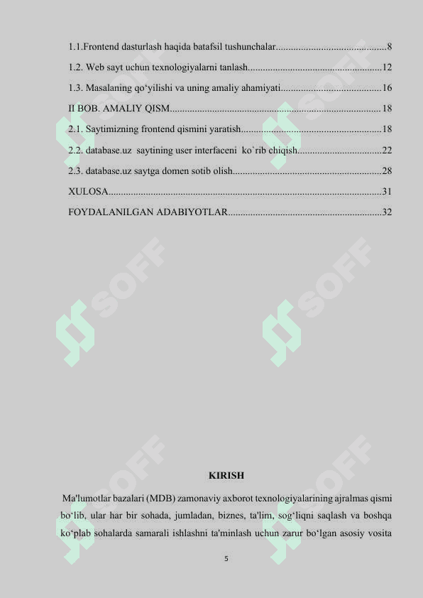 Ma`lumotlar bazasi fanidan test va amaliy topshiriqlar jamlangan web sayt ishlab chiqish 5