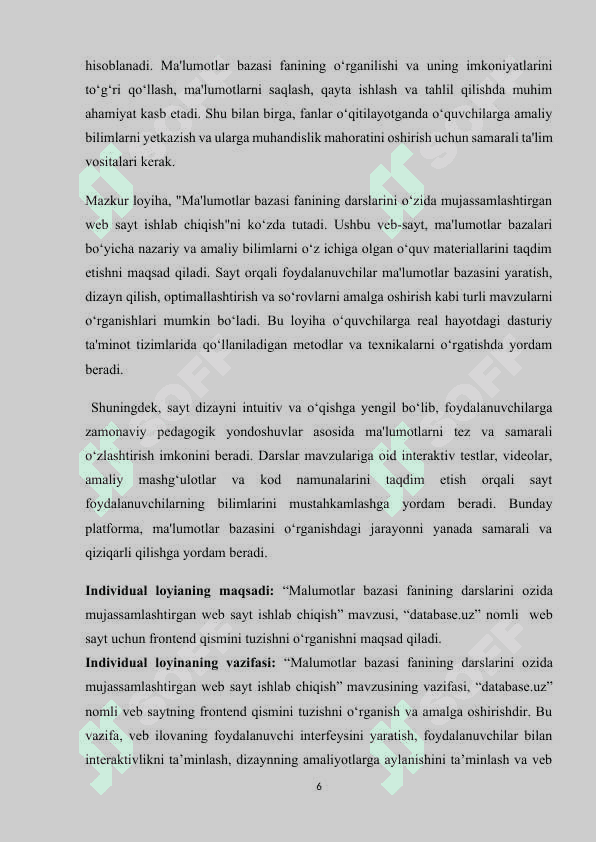 Ma`lumotlar bazasi fanidan test va amaliy topshiriqlar jamlangan web sayt ishlab chiqish 6