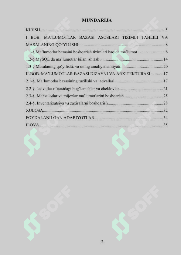Sport anjomlari do‘konining ma’lumotlar bazasini yaratish. 2