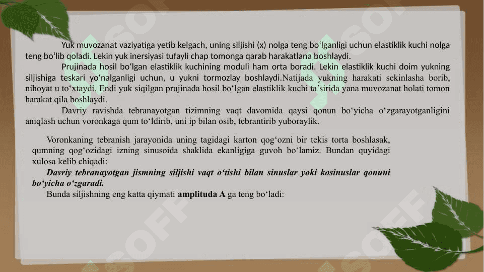 Garmonik tebranishlar.Mayatniklar.Elastik muhitdagi to`lqinlar.To`lqinlarning muhitda tarqalishi 6