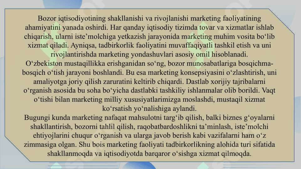 Oʻzbekistonda marketingni vujudga kelish va rivojlanishi – tadbirkorlik faoliyatining alohida turi sifatida  slayd 3