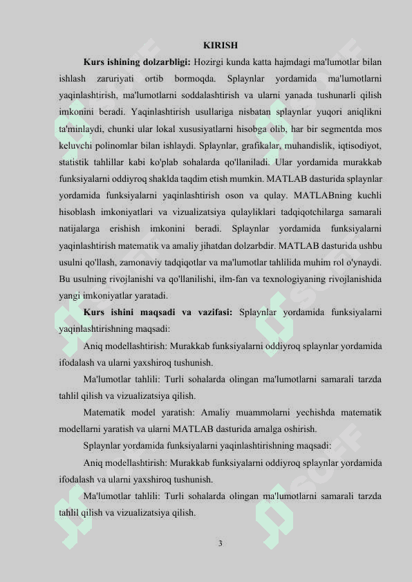 SPLAYNLAR YORDAMIDA FUNKSIYALARNI   YAQINLASHTIRISHNING MATLAB DASTURIDAGI   TADBIG’I.(KURS ISHI) 2