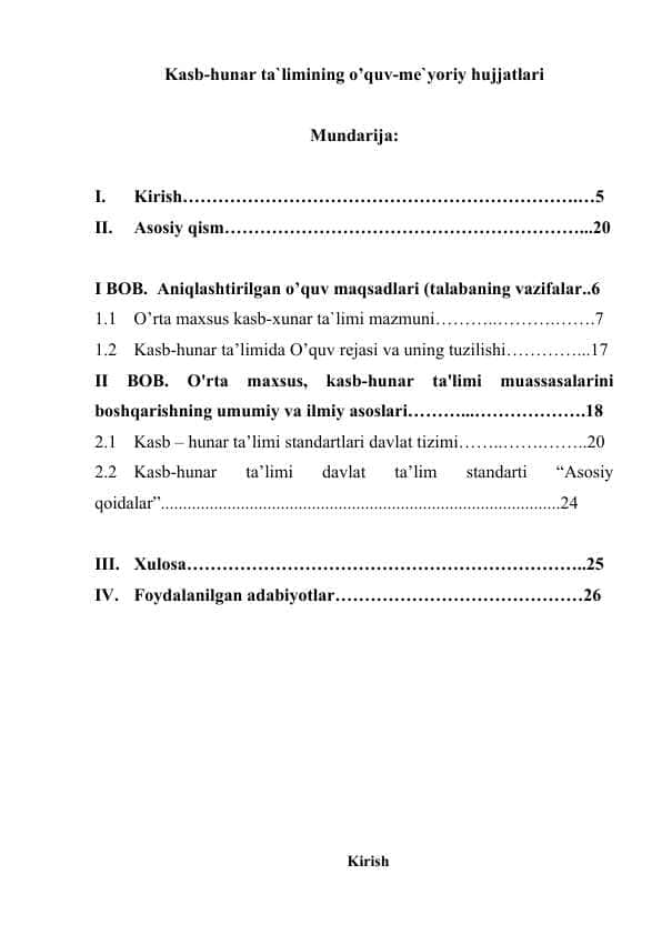 Kasb-hunar ta`limining o’quv-me`yoriy hujjatlari