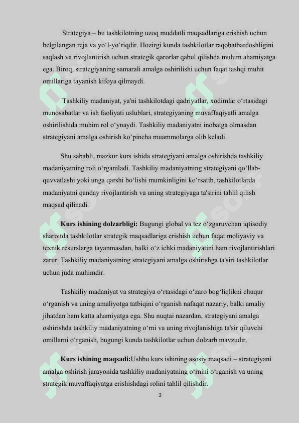 Strategiyani amalga oshirishda tashkiliy madaniyatning ro'li kurs ishi 3