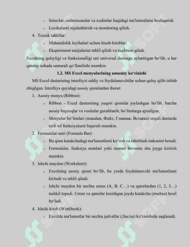 MS EXCEL DASTURI VA MENYULAR HAQIDA UMUMIY TUSHUNCHA 6