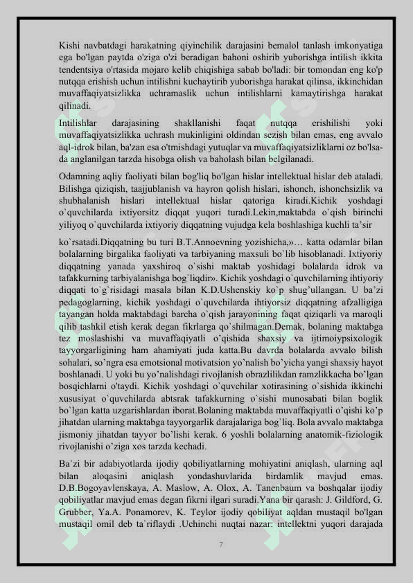 Boshlang'ich sinf o'zlashtirmovchi o'quvchilarining o'z-o'ziga baho berishi va o'zini boshqarish xususiyatlariga ta'sir etuvchi psixologik omillar 7