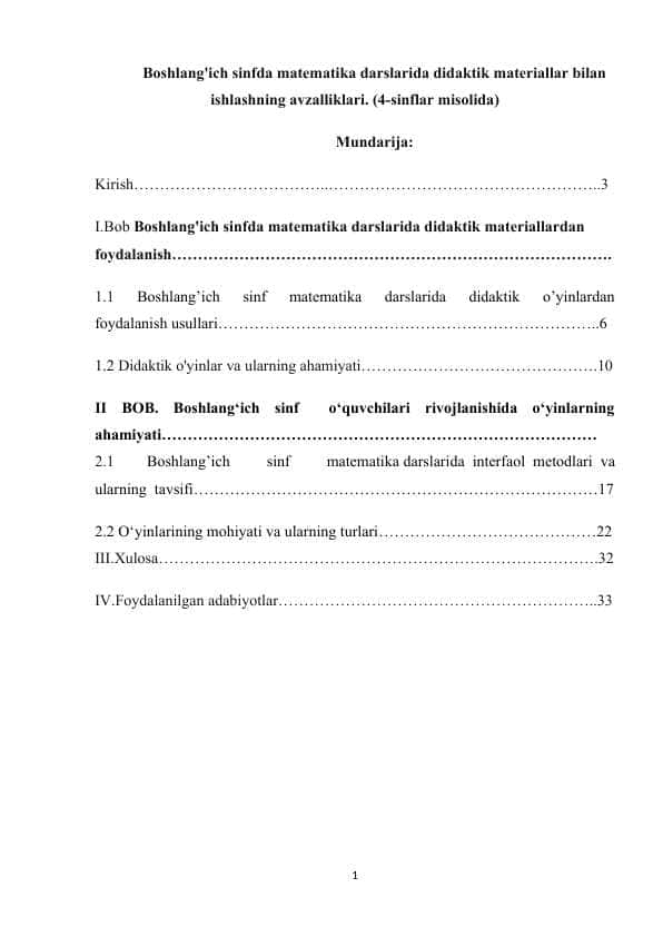 Boshlang'ich sinfda matematika darslarida didaktik materiallar bilan ishlashning avzalliklari.