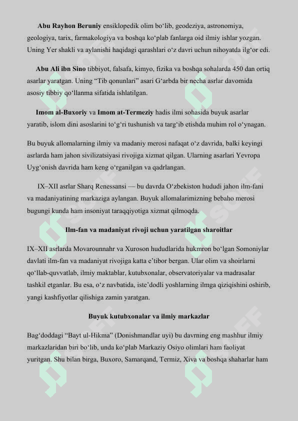IX–XII asrlarda mamlakatimiz hududida ro‘y bergan madaniy uyg‘onish (Renessans). Buyuk allomalarning jahon sivilizatsiyasiga qo‘shgan hissasi 2