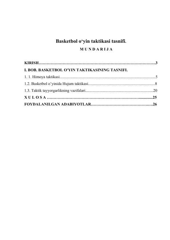 Basketbol o‘yin taktikasi tasnifi.