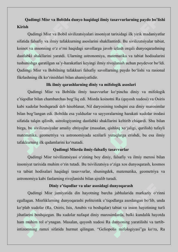 Qadimgi Misr va Bobilda dunyo haqidagi ilmiy tasavvurlarning paydo bo’lishi 25 2