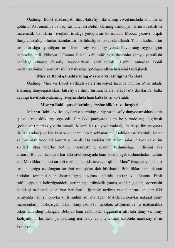 Qadimgi Misr va Bobilda dunyo haqidagi ilmiy tasavvurlarning paydo bo’lishi 25 8