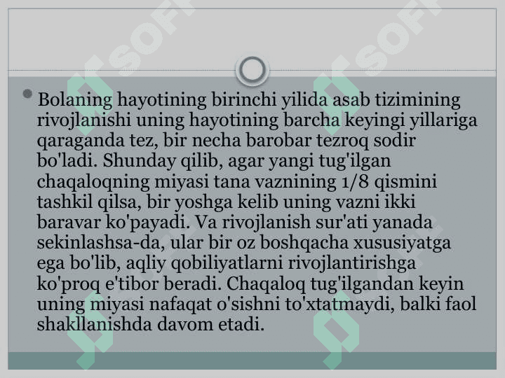 Bolalarni asab ruhiy rivojlanishi.Statika, motorikani rivojlanish bosqichlari.Nutqni, emotsiya va muloqot shakllarini rivojlanish sindromlari 4