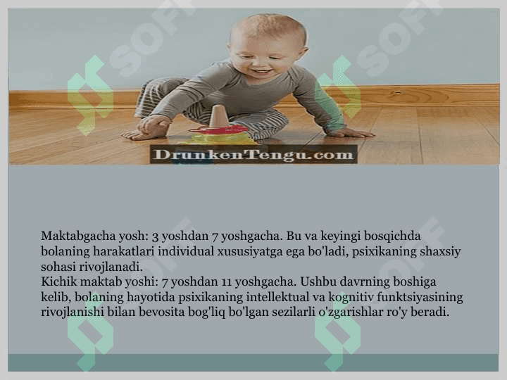 Bolalarni asab ruhiy rivojlanishi.Statika, motorikani rivojlanish bosqichlari.Nutqni, emotsiya va muloqot shakllarini rivojlanish sindromlari 7