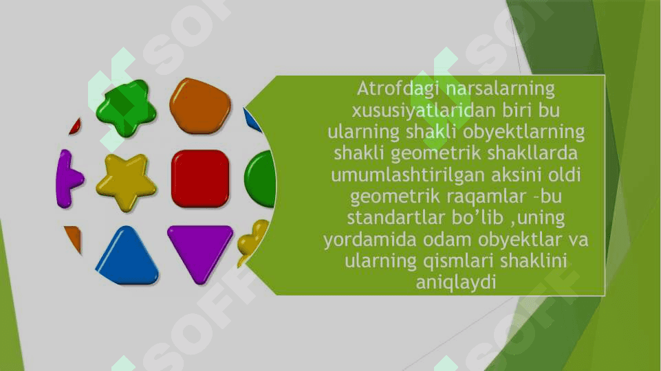 Turli yoshdagi bolalarda predmetlar shakli va ularning qismlarni tahlil qilish mashq qildirish mashg'ulot ishlanmasini tuzish. 2