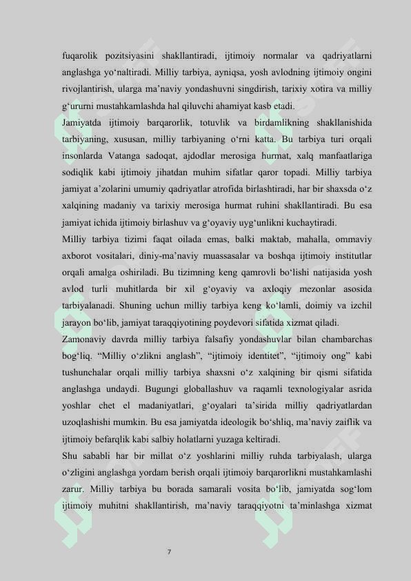 Milliy tarbiyaning falsafiy  metodologik asoslarini tarbiya fanini oʻqitish jarayonida yoritish masalalari kurs ishi 7