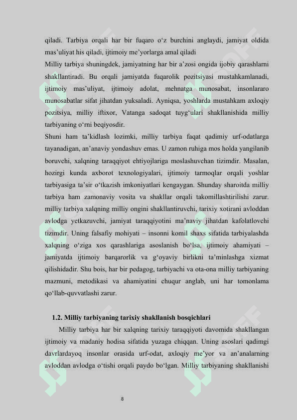 Milliy tarbiyaning falsafiy  metodologik asoslarini tarbiya fanini oʻqitish jarayonida yoritish masalalari kurs ishi 8