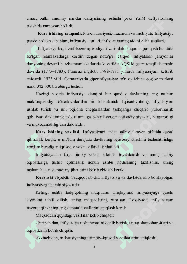 Bozor iqtisodiyotida davlatning narx siyosati va inflatsiyaga qarshi kurashish siyosati. 3