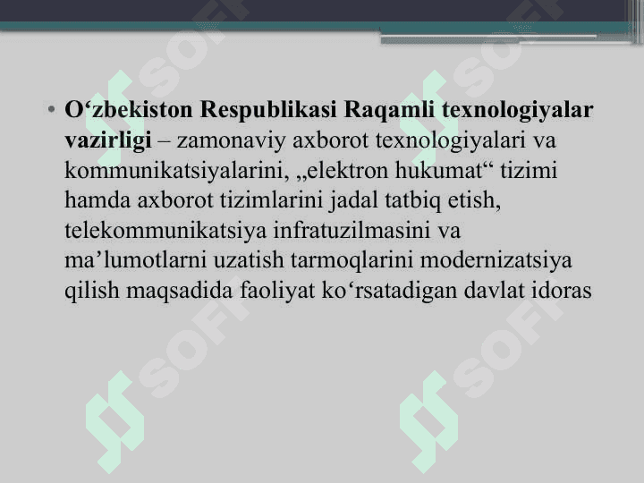 O‘zbekistonda axborot kommunikatsiya sohasini rivojlantirishdagi asosiy yo‘nalishlari, amaldagi qonunlar, O‘zbekiston Respublikasi Prezidenti farmonlari va Vazirlar Maxkamasining qarorlari. 5