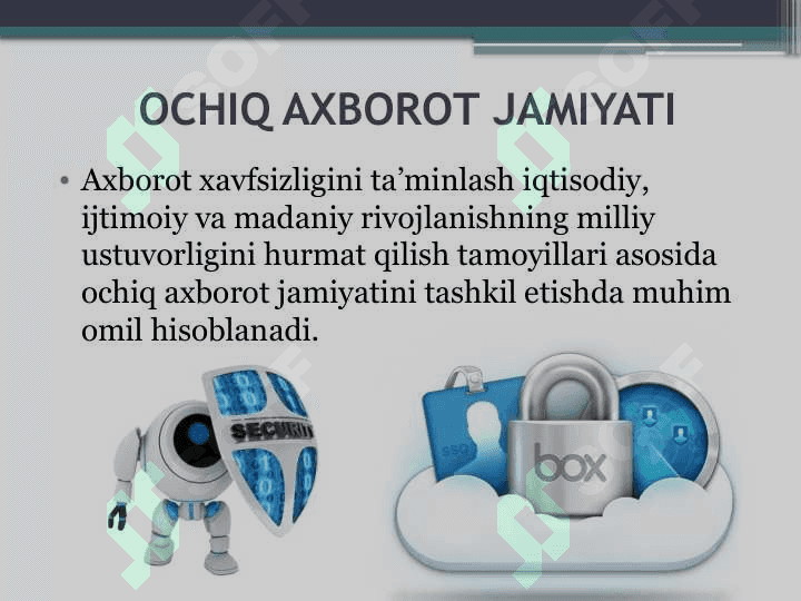 O‘zbekistonda axborot kommunikatsiya sohasini rivojlantirishdagi asosiy yo‘nalishlari, amaldagi qonunlar, O‘zbekiston Respublikasi Prezidenti farmonlari va Vazirlar Maxkamasining qarorlari. 6