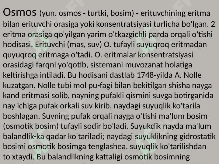 Osmos . Raul qonunlari . Eritmalarning fizik-kimyoviy xossalari . Brensted nazariyasi . Lyuis nazariyasi 2