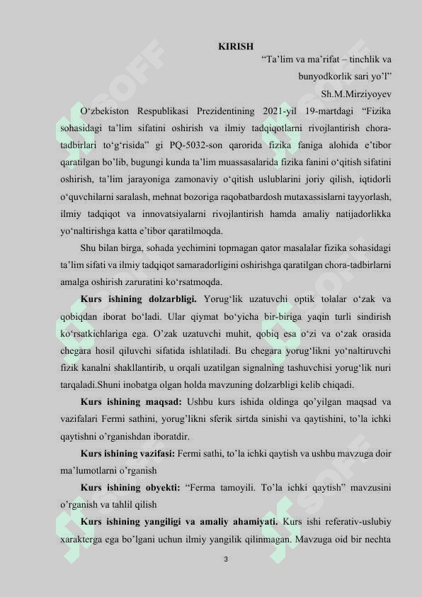Fermi tamoyili to’la ichki qaytish . “ Optika ” fanidan 3