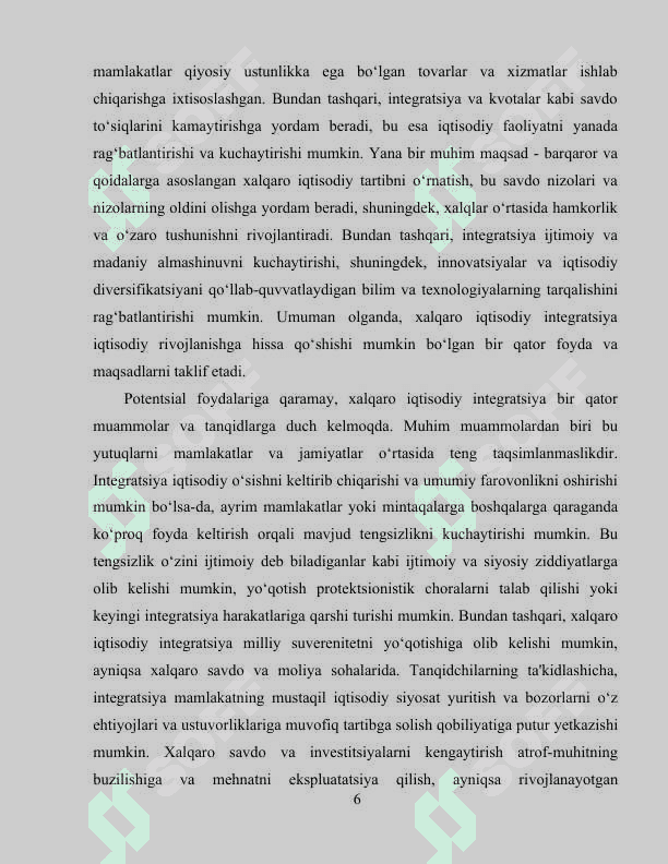 Xalqaro iqtisodiy integratsiya va Oʻzbekistonning jahon hamjamiyatiga kirib borishi 6
