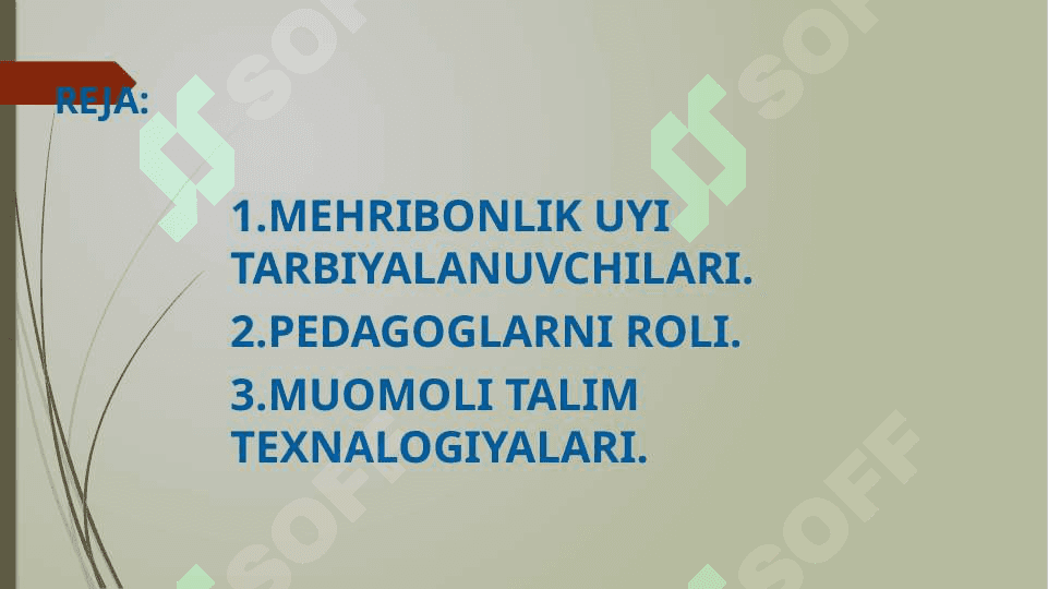 Mexribonlik uyi tarbiyalanuvchilari bilan olib boriladigan ijtimoiy pedagogik faoliyatda muammoli ta’lim texnologiyalaridan foydalanish.Mehribonlik uylarida tarbiyaviy ishlarni tashkil etishning o’ziga xosligiMehribonlik uyi tarbiyalanuvchilari bilan olib boriladigan ijtimoiy-pedagog faoliyatida shaxsga yo’naltirilgan ta’lim texnologiyalardan foydalanish 2